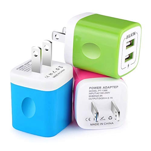 Book Cover Wall Charger, [3-Pack] 5V/2.1AMP Ailkin Colorful 2-Port USB Wall Charger Home Travel Plug Power Adapter Charging Block for iPhone 14 13 12 Pro Max 11 SE X XR XS 8 Plus, Samsung Galaxy, Kindle Fire Box Multicolored1