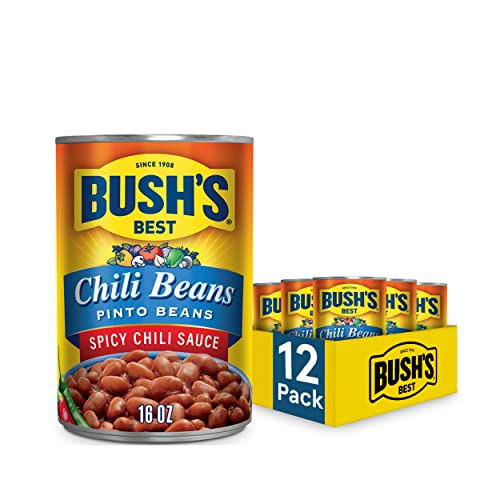 Book Cover BUSH'S BEST Canned Pinto Beans in a Hot Chili Sauce (Pack of 12), Source of Plant Based Protein and Fiber, Low Fat, Gluten Free, 16 oz