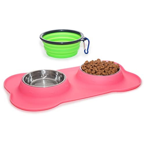 Book Cover KEKS Small Dog Bowls Set of 2 Stainless Steel Bowls with Non-Skid & No Spill Silicone Pink Stand for Small Dogs Cats Puppy & Collapsible Travel Pet Bowl