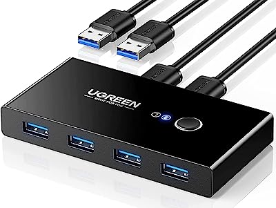 Book Cover UGREEN USB 3.0 Sharing Switch Selector 4 Port 2 Computers Peripheral Switcher Adapter Hub for PC, Printer, Scanner, Mouse, Keyboard with One Button Swapping and 2 Pack USB Male Cable