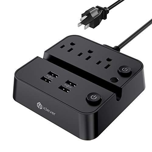 Book Cover Power Strip with USB, iClever USB Charging Station with 3 Outlet 4 USB Ports, 10A 5ft Extension Cord, Dual Switch Control, Overload Protection, Phone Tablet Stand for Travel, Office, Hotel - Black