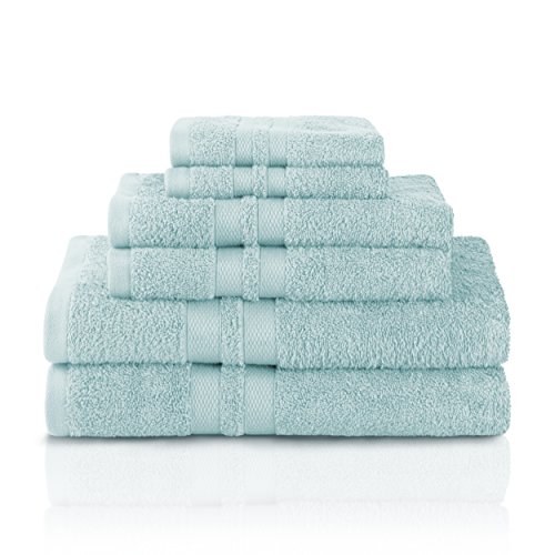 Book Cover SUPERIOR 100% Cotton Bath Towel Set - 6-Piece Set, 2 Bath Towels, 2 Hand Towels, and 2 Washcloths, Honeycomb Border, Cyan