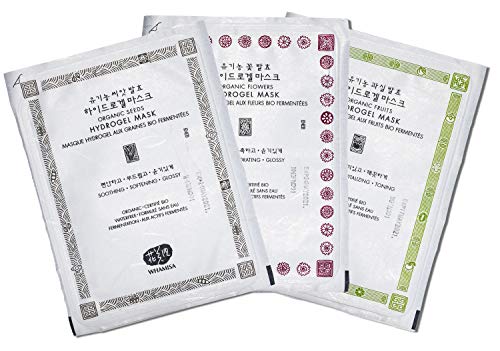 Book Cover Whamisa Organic Hydrogel Facial Treatment Mask Sheets Skin Care with Organic Flower, Fruit, Seed Extracts, Aloe Vera Extracts Pack of 3 Sheets - 33g x 3