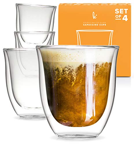 Book Cover Glass Cappuccino Cups Double Walled Coffee Glasses Set of 4 - Clear Thermo Insulated Stackable Mugs, 6 oz