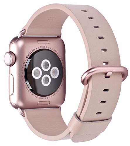 Book Cover JSGJMY Compatible with Apple Watch Band Women Genuine Leather Replacement Strap for Iwatch Series 5 4 3 2 1 Sport Edition (Soft Pink/Rose Gold Aluminum, 42mm 44mm M/L)