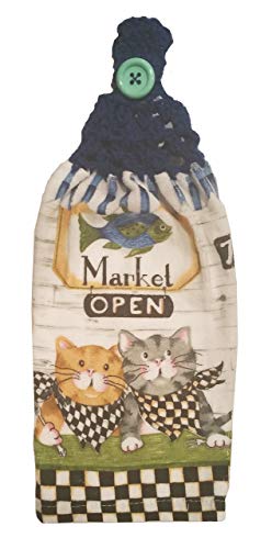 Book Cover Handcrafted Blue Crochet Topped Fish Market Cats Theme Kitchen Towel
