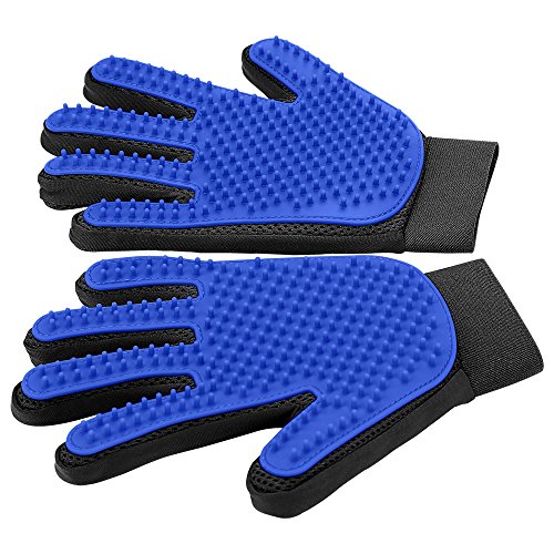 Book Cover [Upgrade Version] Pet Grooming Glove - Gentle Deshedding Brush Glove - Efficient Pet Hair Remover Mitt - Enhanced Five Finger Design - Perfect for Dog & Cat with Long & Short Fur - 1 Pair (Blue)