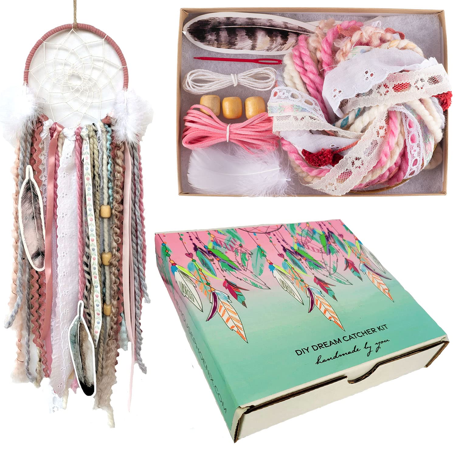 Book Cover DIY Dream Catcher Kit Stocking Stuffer for Kids Adults Bohemian Decor Pink Craft Project Make Your Own Dreamcatcher Girls Birthday Gift 5 Inch Ring