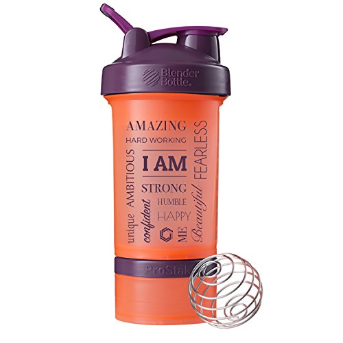 Book Cover GOMOYO I AM Word Mesh Blender Bottle ProStak,22oz Protein Shaker cup with Twist N' Lock Storage Containers (Coral/Plum)