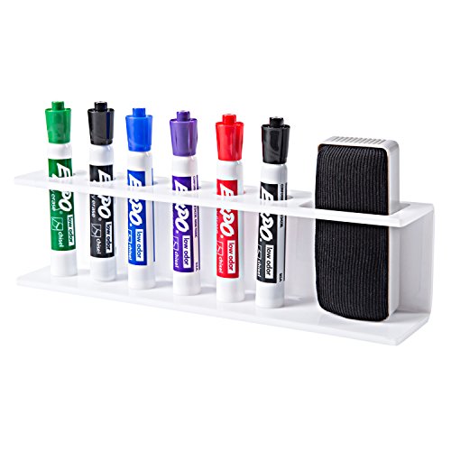 Book Cover 6 Slot White Acrylic Dry Erase Marker and Eraser Holder Wall Mountable Organizer Rack