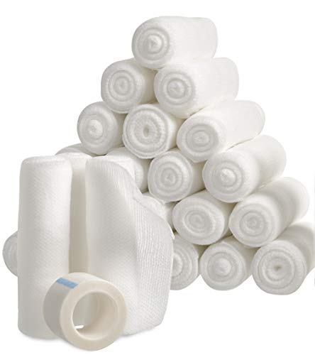 Book Cover Gauze Bandage Rolls with Tape 24-Pack, Stretch Bandage Roll, 4 x 4 Yards Stretched, Breathable White Gauze Bandages, Bulk Gauze Rolls for Home, Gym & Office Use, Absorbent Bandage Rolls