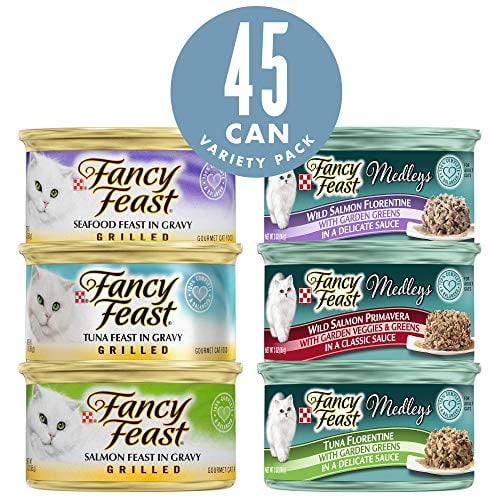 Book Cover Purina Fancy Feast Wet Cat Food Variety Pack, Grilled Feast & Medleys Seafood Collection - (45) 3 oz. Cans