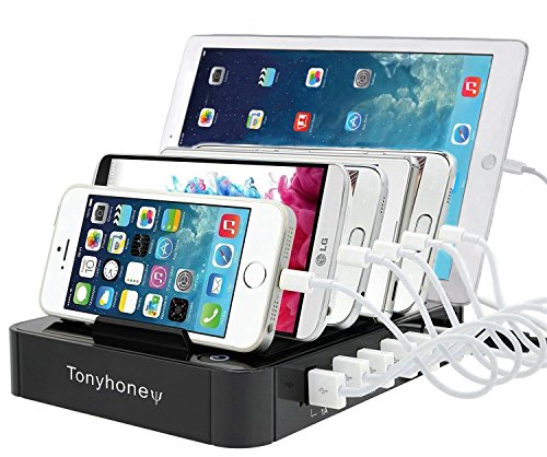 Book Cover USB Charger Station,Tonyhoney 6-Port Universal Desktop Docking Station with Detachable Baffles Stand Organizer Compatible with iPhone, iPad, Tablets, Samsung,Cellphones (Black)