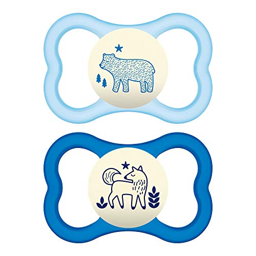 Book Cover MAM Glow in The Dark Sensitive Skin Pacifiers, Baby Pacifier 6+ Months, Best Pacifier for Breastfed Babies, Air Night' Design Collection, Boy, 2-Count