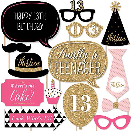 Book Cover Big Dot of Happiness Chic 13th Birthday - Pink, Black and Gold - Photo Booth Props Kit - 20 Count