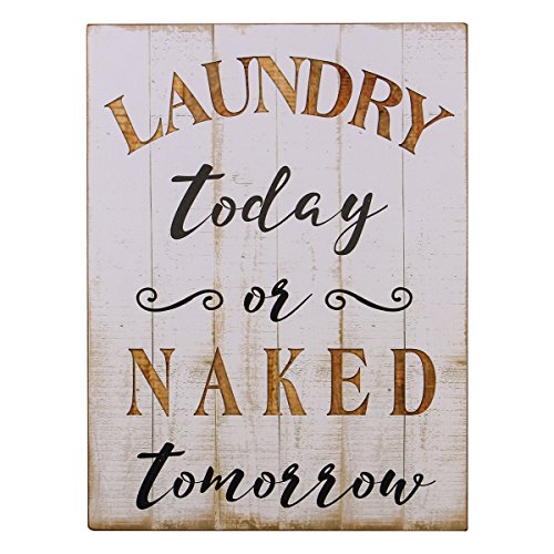 Book Cover NIKKY HOME Rustic Wood Framed Wall Plaque Sign Laundry Today or Naked Tomorrow, White
