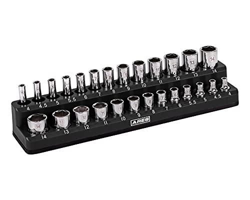 Book Cover ARES 70233 - 26-Piece 1/4-Inch Metric Magnetic Socket Organizer - Holds 13 Standard Size and 13 Deep Size Sockets - Keeps Your Tool Box Organized