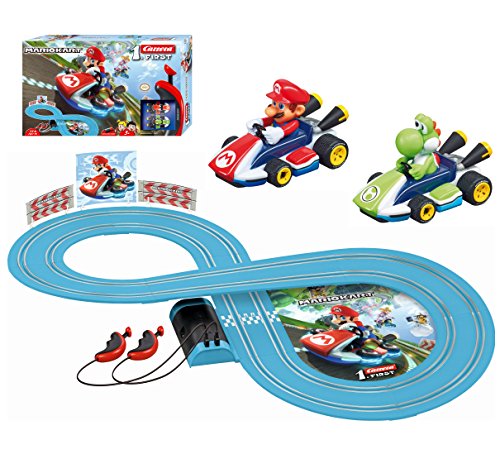 Book Cover Carrera First Nintendo Mario Kart Slot Car Race Track - Includes 2 Cars: Mario and Yoshi and Two-Controllers - Battery-Powered Beginner Set for Kids Ages 3 Years and Up