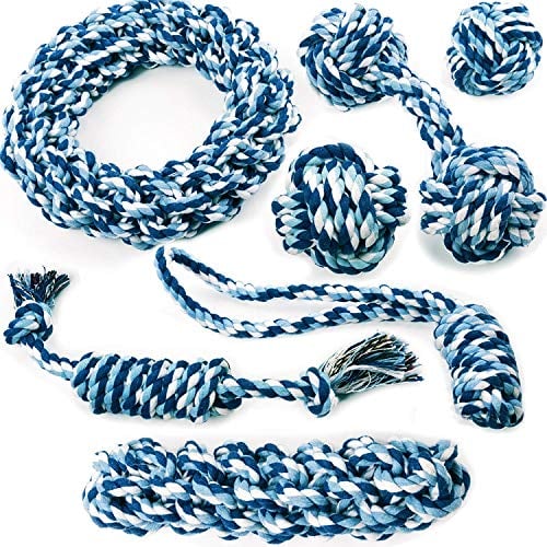 Book Cover Friends Forever Chewers Play Dog Rope Toy for Medium Dogs and Puppy, Teething, Tug War - Tough Dog Toys Set 7-Piece Assortment, Blue, XL