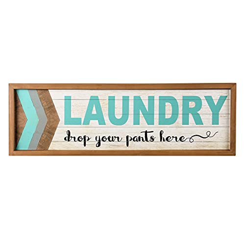 Book Cover NIKKY HOME Laundry Room Decor Sign, 19 x 6 Inch Vintage Farmhouse Wood Framed Wall Plaque Wall Art, Blue - Drop Your Pants Here