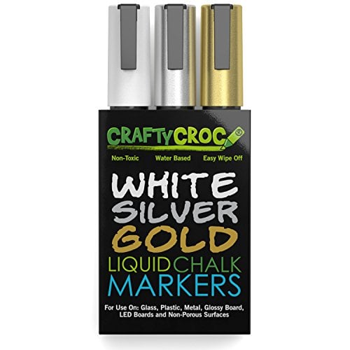 Book Cover Crafty Croc Metallic Chalk Markers, Gold Silver White - 3 Pack, Medium Tip 6mm, Wet Erase for Accent Details