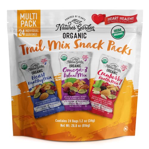 Book Cover Nature's Garden Organic Trail Mix Snack Packs - Trail Mix Variety, Energy Boosting, Heart Healthy, Omega-3 Rich, Cranberries, Pumpkin Seeds, Individual Packs, Family - 1.2 oz Bags (24 Individual Servings)