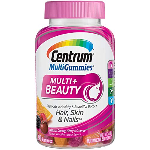 Book Cover Centrum MultiGummies + Beauty Gummy Multivitamin For Women, Hair Skin and Nails Vitamins with Antioxidants and Vitamins D3 and B , Cherry/Berry/Orange Flavors - 90 Count