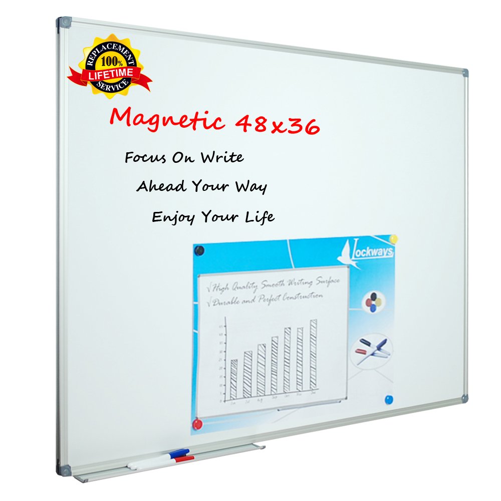 Book Cover Lockways White Board Dry Erase Board 48 x 36 Inch, Magnetic Whiteboard 4 x 3, Silver Aluminium Frame, Set Including 1 Detachable Aluminum Marker Tray, 3 Dry Erase Markers, 8 Magnets 48 x 36 Inch Silver