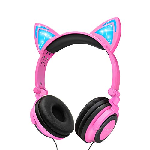 Book Cover barsone Cat Ear Headphones, Hearing Protection Kids Headphones, Wired Foldable On-Ear Headsets with LED Glowing Light 3.5mm Audio Jack Headset for Children (Pink)