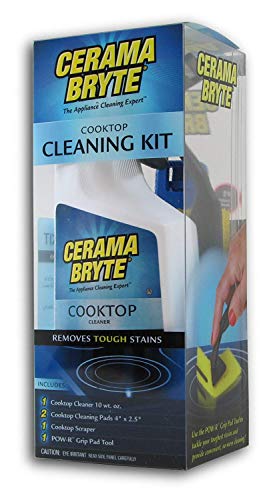 Book Cover Cerama Bryte - Cooktop Cleaning Kit - Includes 10 oz. Bottle of Cerama Bryte Cooktop Cleaner, 2 Cleaning Pads, 1 POW-R Grip Pad Tool and 1 Scraper packed in Reusable Container, White (SYNCHKG114607)