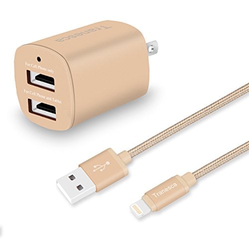 Book Cover Tranesca Compatible Dual USB Wall Charger with 6ft MFI Lighting Charging Cable for iPhone X,iPhone 8/8 Plus/iPhone 7/7 Plus/iPhone 6/iPad/iPad Pro and More (Gold)