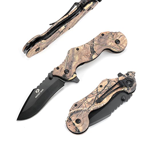 Book Cover MOSSY OAK Pocket Tactical Folding Knife Drop Point Blade, Motorcycle Shaped Camouflage Handle, 5-inch Closed