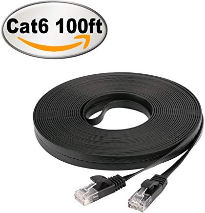 Book Cover NCElec Weatherproof Flat Cat 6 (Cat6) Ethernet Cable, RJ45 Connector, 32AWG, Up to 1.0 Gbps and 250 MHz (100Ft, Black)
