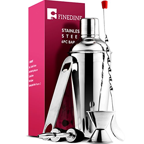 Book Cover FineDine Expert Cocktail Shaker Home Bar Tool Set Stainless Steel Bar Set with Shaking Tin, Bar Spoon, Double Jigger, 2 Stainless Steel Bottle Pourers, Tapered Spout, and Flat Bottle Opener (6 Piece)