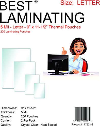 Book Cover Best Laminating 5 Mil Clear Letter Size Thermal Laminating Pouches, 9 X 11.5 inches (200 Pouches)