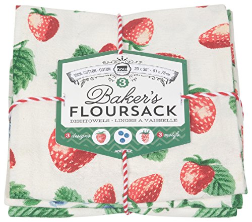 Book Cover Now Designs Printed Baker's Floursack Kitchen Towels, Set of Three, Berry Patch (2221003)