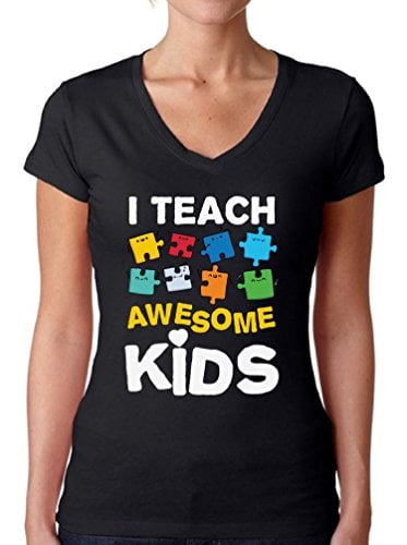 Book Cover Awkward Styles Women's Autism Awareness Puzzle Graphic V-Neck T Shirt Tops I Teach Awesome Kids Black S