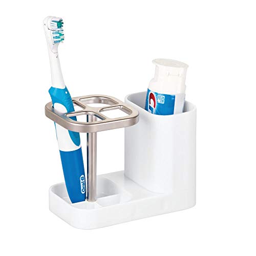 Book Cover mDesign Bathroom Vanity Countertop Toothpaste & Toothbrush Holder Stand with Cup/Dental Center, Holds Electric Toothbrushes - BPA Free - White/Satin