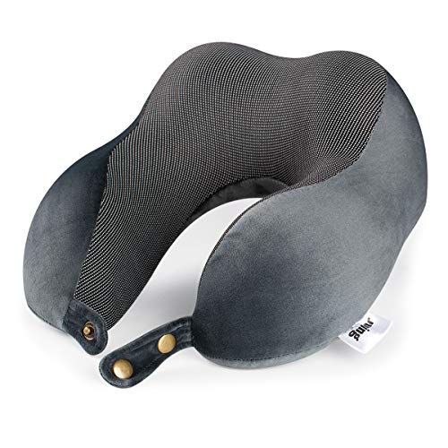 Book Cover JUNING Travel Pillow Memory Foam Neck Support on a Train, Airplane, Car, Bus or While Camping - Comfortable U Shaped Cushion. Neck Support Plane Pillow