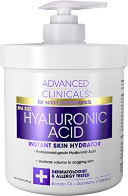 Book Cover Advanced Clinicals Anti-aging Hyaluronic Acid Cream for face, body, hands. Instant hydration for skin, spa size. (16oz)