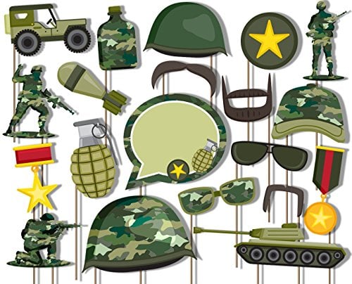 Book Cover Birthday Galore Classic Camo- Army Military Photo Booth Props Kit - 20 Pack Party Camera Props Fully Assembled