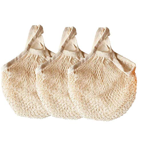 Book Cover Ahyuan Ecology Reusable Cotton Mesh Grocery Bags Cotton String Bags Net Shopping Bags Mesh Bags Pack of 3 (Beige)