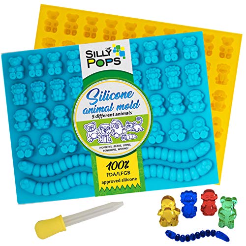 Book Cover Gummy Bear Mold Bpa Free Silicone (Yellow, Blue) - Set of 2 for 86 Candies - 5 Different Types of Animals - Dropper Included - Candy Molds, Gummy Worm Mold, Chocolate Molds, Gelatin Molds, Ice Cube