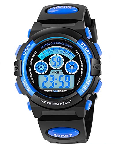 Book Cover AZLAND 7 Colors Flashing Waterproof Outdoor Sports Kids Wristwatch Boys Girls Digital Watches Blue … (Blue)