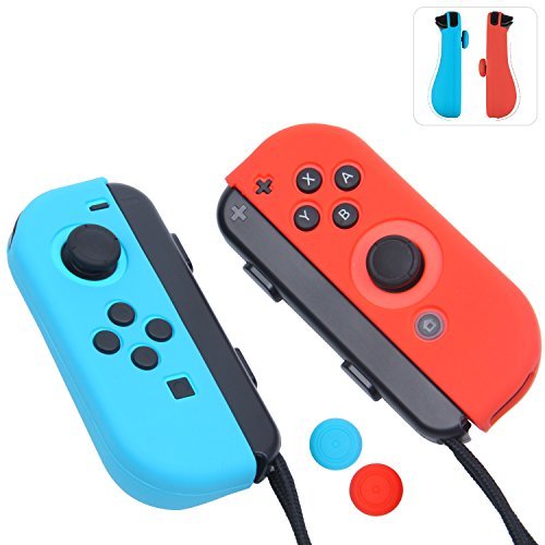 Book Cover Gel Guards with Thumb Grips Caps for Nintendo Switch (Blue+Red)