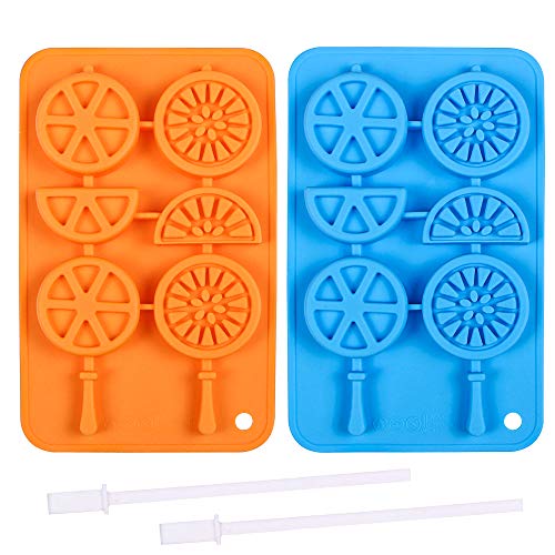 Book Cover Webake Ice Cube Trays Silicone Fruit Molds, Ice Cube Popsicle Molds with Reusable Sticks, 2 Pack Giant Lollipop Mold, Fruit Shape Chocolate Candy Molds, Wax Crayon Mold
