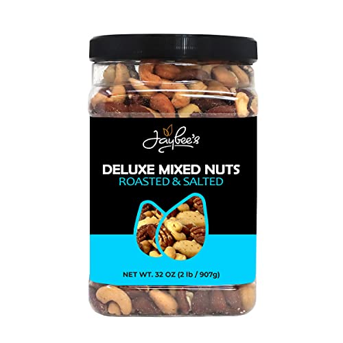 Book Cover Mixed Nuts Deluxe - Roasted & Salted | 32 oz Reusable Container | Healthy Gourmet Variety Snack Mix with Cashews, Almonds, Brazil Nuts, Pecans, Hazelnuts (No Peanuts) Holiday Gifts | Keto, Vegan Friendly, Healthy Nut Mix | Jaybee's