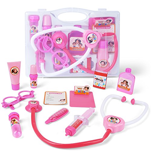 Book Cover AMOSTING Doctor Kit Pretend & Play Medical Toys Set with Carry Case for Kids & Girls – 10Pcs Pink
