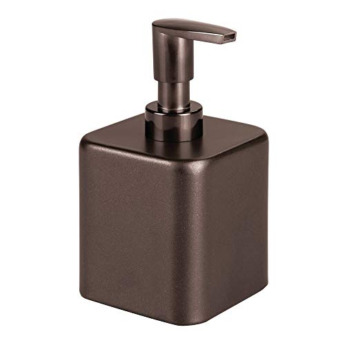Book Cover mDesign Compact Square Metal Refillable Liquid Soap Dispenser Pump Bottle for Bathroom Vanity Countertop, Kitchen Sink - Holds Hand Soap, Dish Soap, Hand Sanitizer, Essential Oil - Bronze