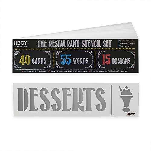 Book Cover Restaurant Stencil Set - Create Stunning Menu Boards and Make Your Restaurant Menus Pop - Great For All Chalkboards, Whiteboards, Glass Windows and Displays! Mega Pack - 40 Cards, 55 Words, 15 Designs